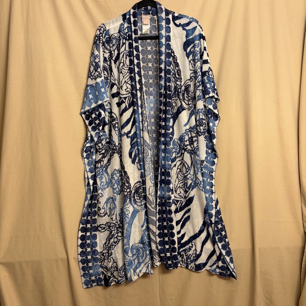 Chico's L/XL Blue and White Burnout Textured Kimono Beach Coverup